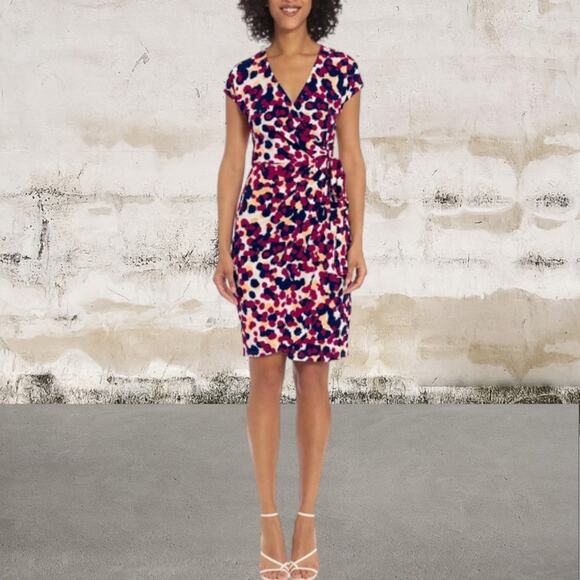 Maggy London NWT Short Sleeve Faux Wrap Midi Dress Multi-Size 0 - Picture 1 of 7